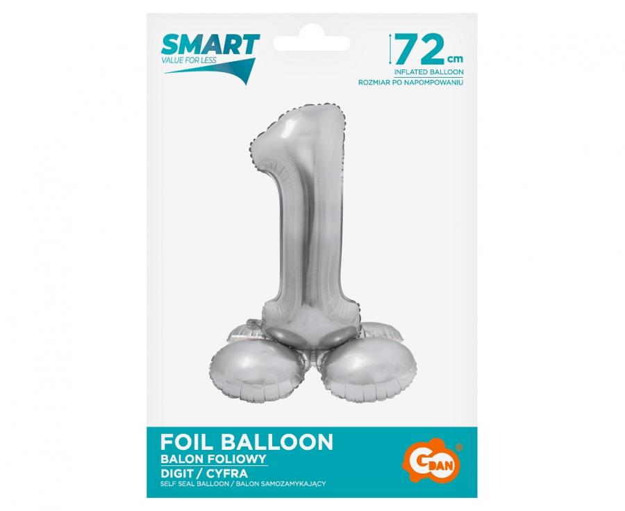 Folienballon Zahl Nr. 1 silber 72cm luftbefüllbar mit Standfuss