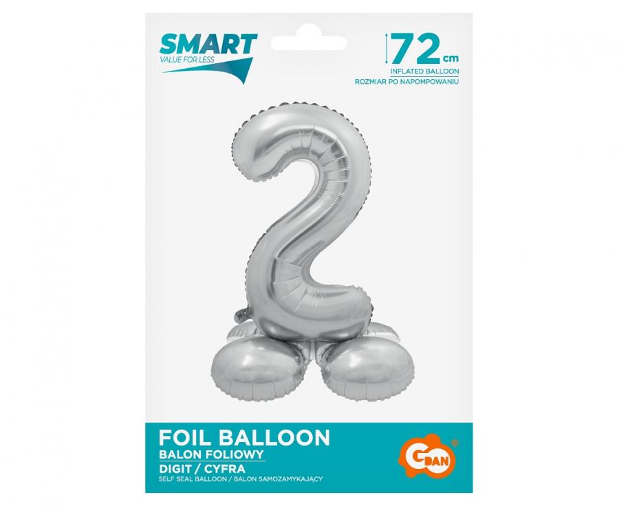 Folienballon Zahl Nr. 2 silber 72cm luftbefüllbar mit Standfuss