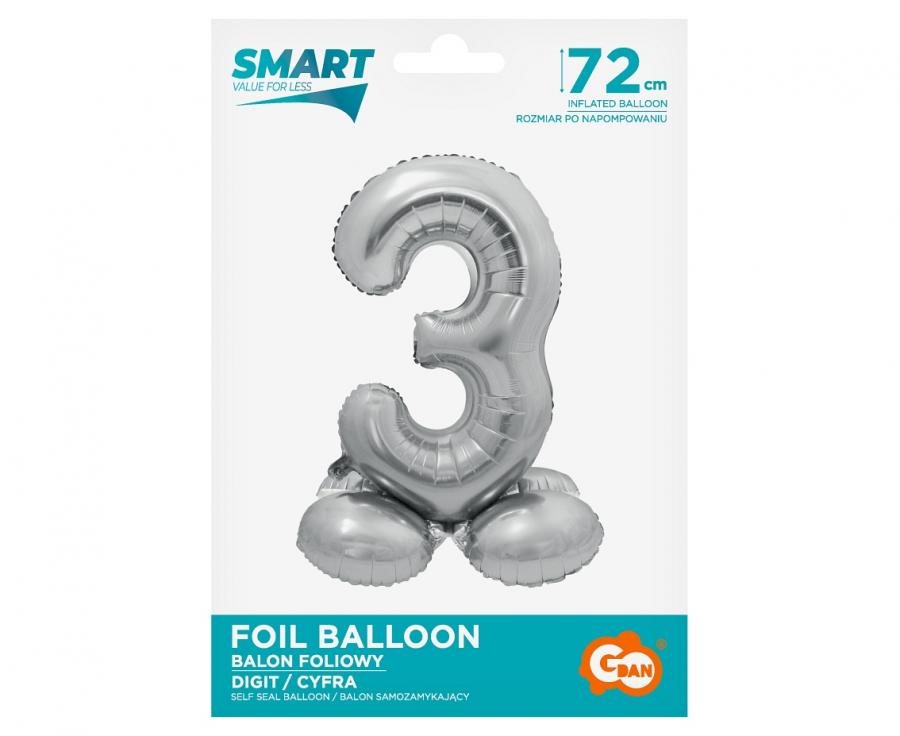 Folienballon Zahl Nr. 3 silber 72cm luftbefüllbar mit Standfuss
