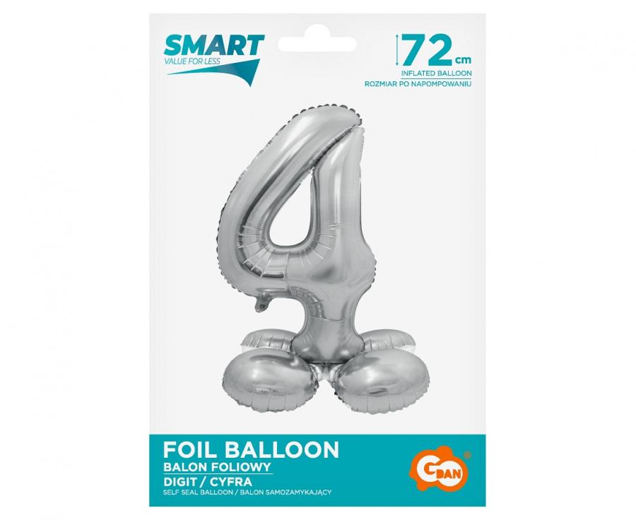 Folienballon Zahl Nr. 4 silber 72cm luftbefüllbar mit Standfuss