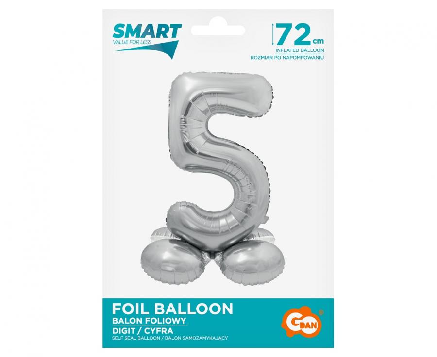 Folienballon Zahl Nr. 5 silber 72cm luftbefüllbar mit Standfuss