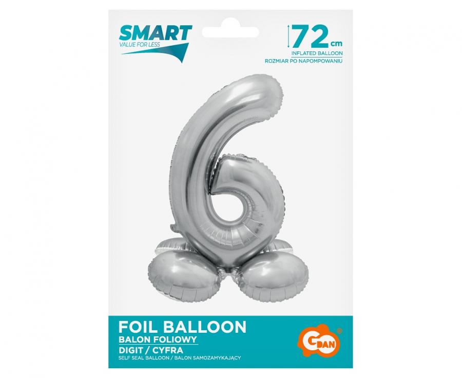 Folienballon Zahl Nr. 6 silber 72cm luftbefüllbar mit Standfuss