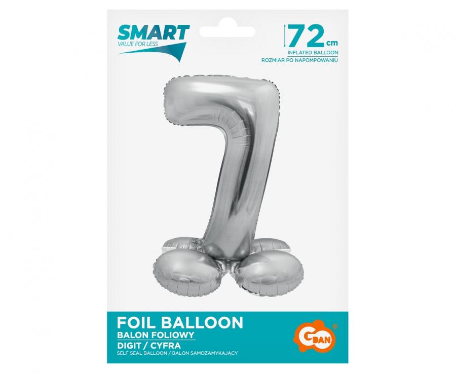 Folienballon Zahl Nr. 7 silber 72cm luftbefüllbar mit Standfuss