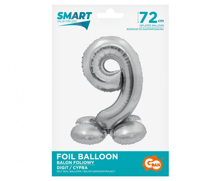Folienballon Zahl Nr. 9 silber 72cm luftbefüllbar mit Standfuss