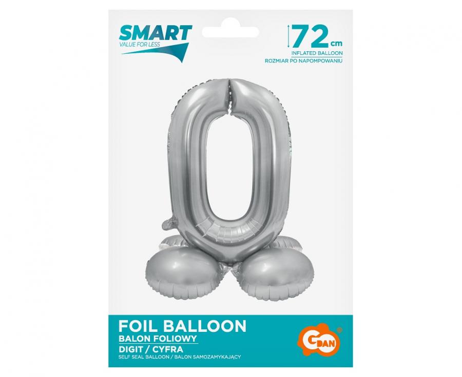 Folienballon Zahl Nr. 0 silber 72cm luftbefüllbar mit Standfuss
