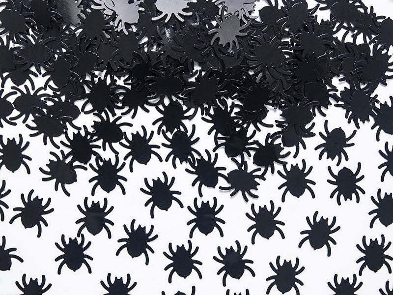 Halloween Spinnenparty Set – Spinnennetz, 12 Spinnen und schwarzes Konfetti