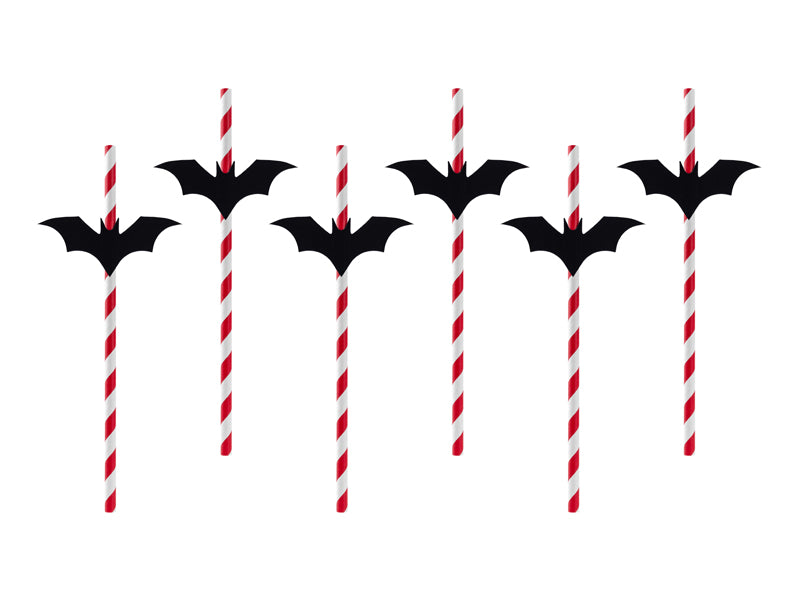 6x Strohhalm weiß rot Fledermaus schwarz 24cm