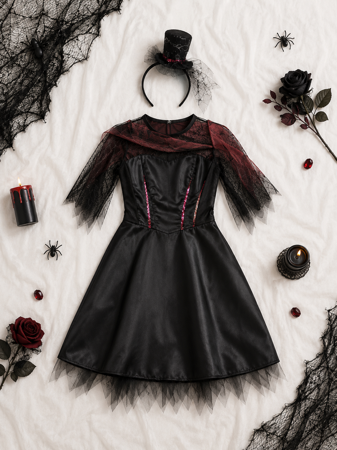 Kostüm schwarze Witwe Kleid & Hut mit Haarschleife (S)