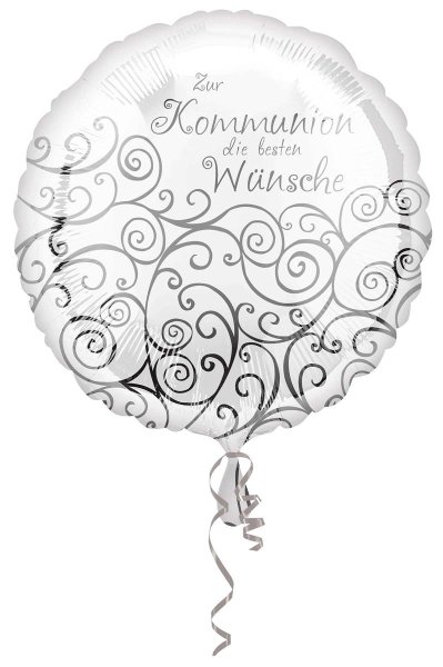 Folienballon rund weiß Schnörkel Zur Kommunion  45cm