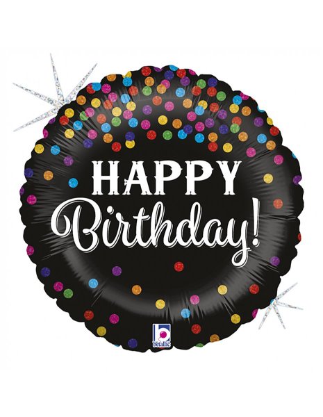 Folienballon rund schwarz Konfetti bunt Happy Birthday 45cm