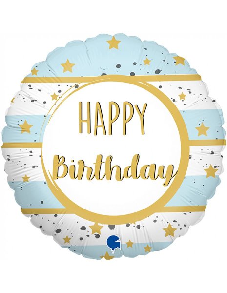 Mini Folienballon hellblau gestreift Happy Birthday Sterne gold