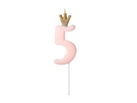 Kerze Zahl Nr. 5 mit Krone rosa 9,5cm