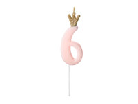 Kerze Zahl Nr. 6 mit Krone rosa 9,5cm