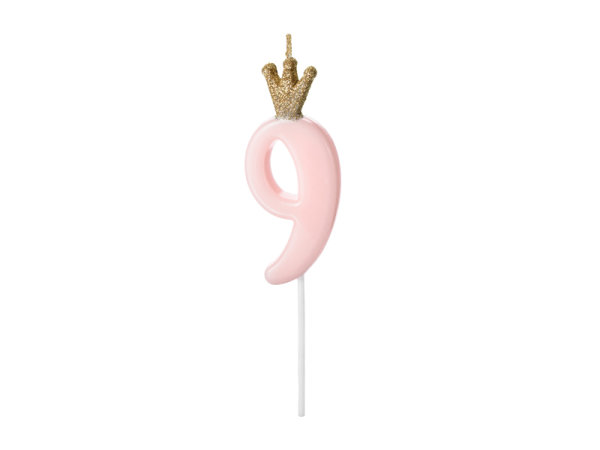 Kerze Zahl Nr. 9 mit Krone rosa 9,5cm