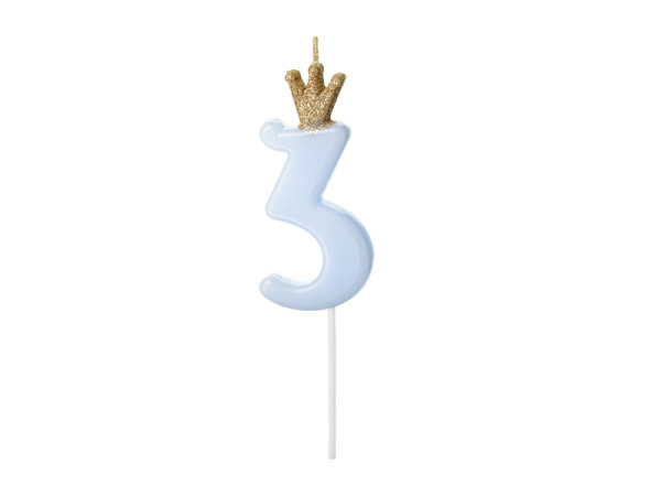 Kerze Zahl Nr. 3 mit Krone blau 9,5cm