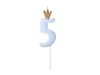 Kerze Zahl Nr. 5 mit Krone blau 9,5cm