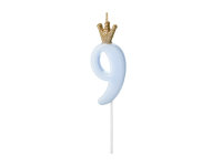 Kerze Zahl Nr. 9 mit Krone blau 9,5cm