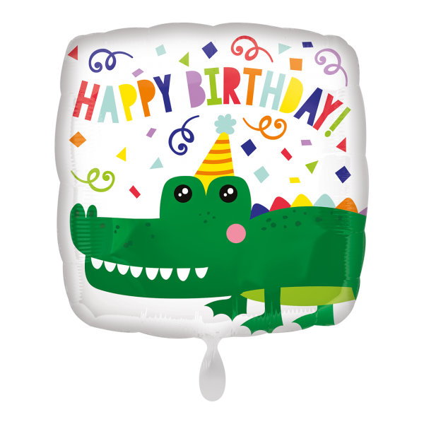 Folienballon quadratisch bunt Happy Birthday Krokodil 45cm