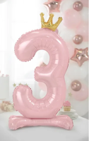 Folienballon Zahl 3 rosa Krone mit Standfuß 84cm