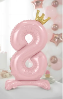 Folienballon Zahl 8 rosa Krone mit Standfuß 84cm