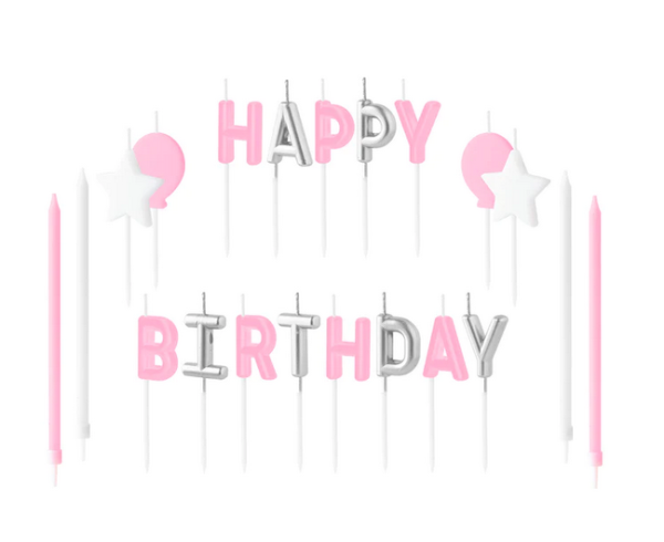 Set Kerzen Buchstaben Happy Birthday rosa weiß silber