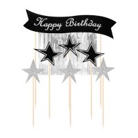 Cake Topper Happy Birthday silber & 6x Sterne
