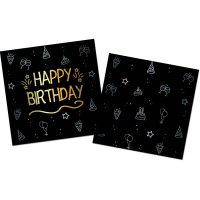 16x Serviette Happy Birthday schwarz/gold 33cm